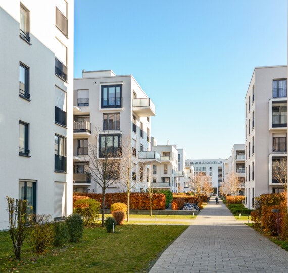 Modern apartment buildings in a green residential area in the ci